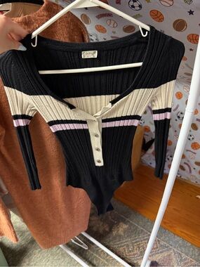 Free People Black Ribbed Button-Front Bodysuit with Cream & Pink Stripes